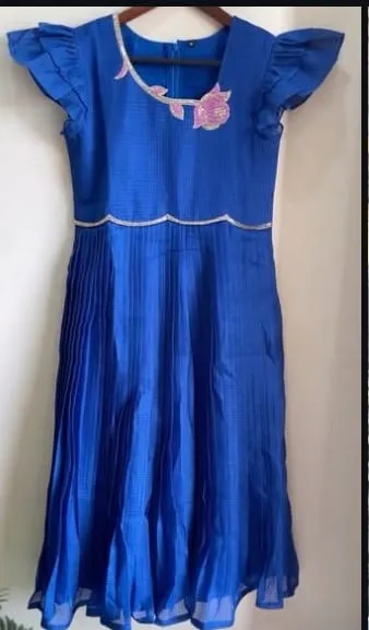 Royal Blue Silk Pleated Long Frock with Floral Embroidery & Flutter Sleeves 1