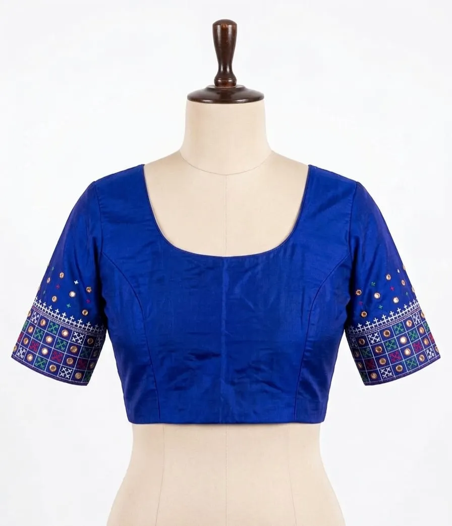 Royal Blue Silk Readymade Blouse with Mirror Work Sleeves | Broad U-Neck & Back Zipper