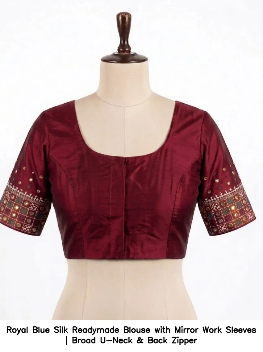 Royal Blue Silk Readymade Blouse with Mirror Work Sleeves | Broad U-Neck & Back Zipper 2