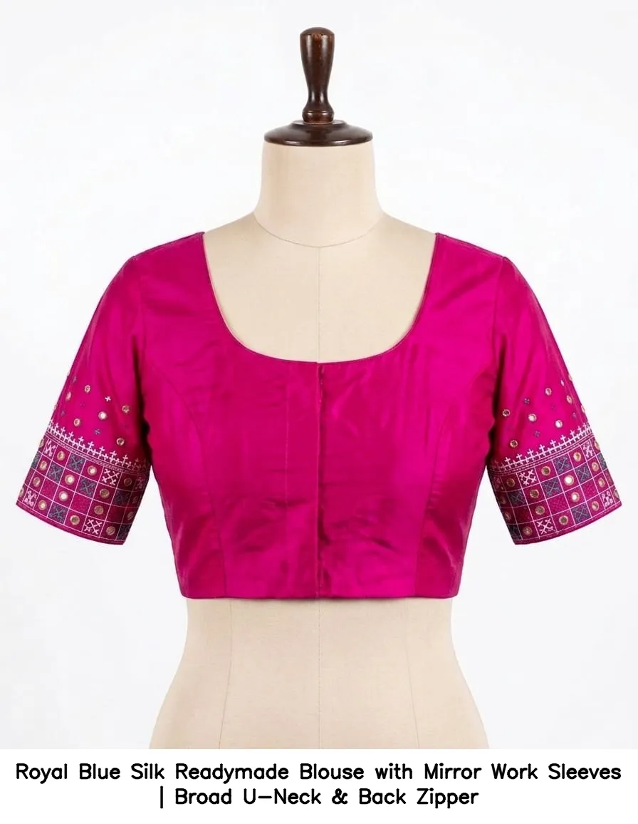 Royal Blue Silk Readymade Blouse with Mirror Work Sleeves | Broad U-Neck & Back Zipper 3