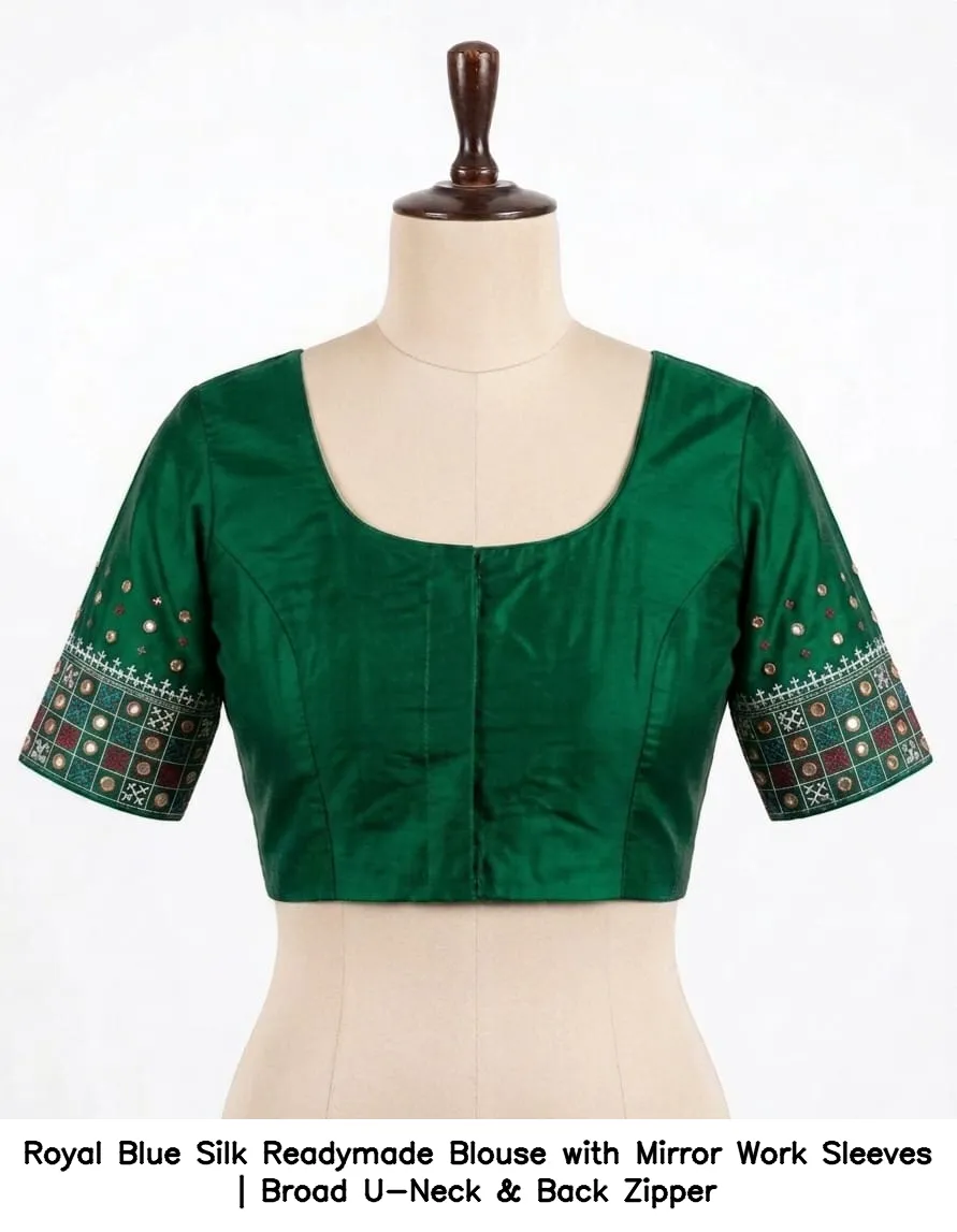 Royal Blue Silk Readymade Blouse with Mirror Work Sleeves | Broad U-Neck & Back Zipper 4