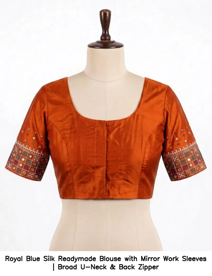 Royal Blue Silk Readymade Blouse with Mirror Work Sleeves | Broad U-Neck & Back Zipper 5