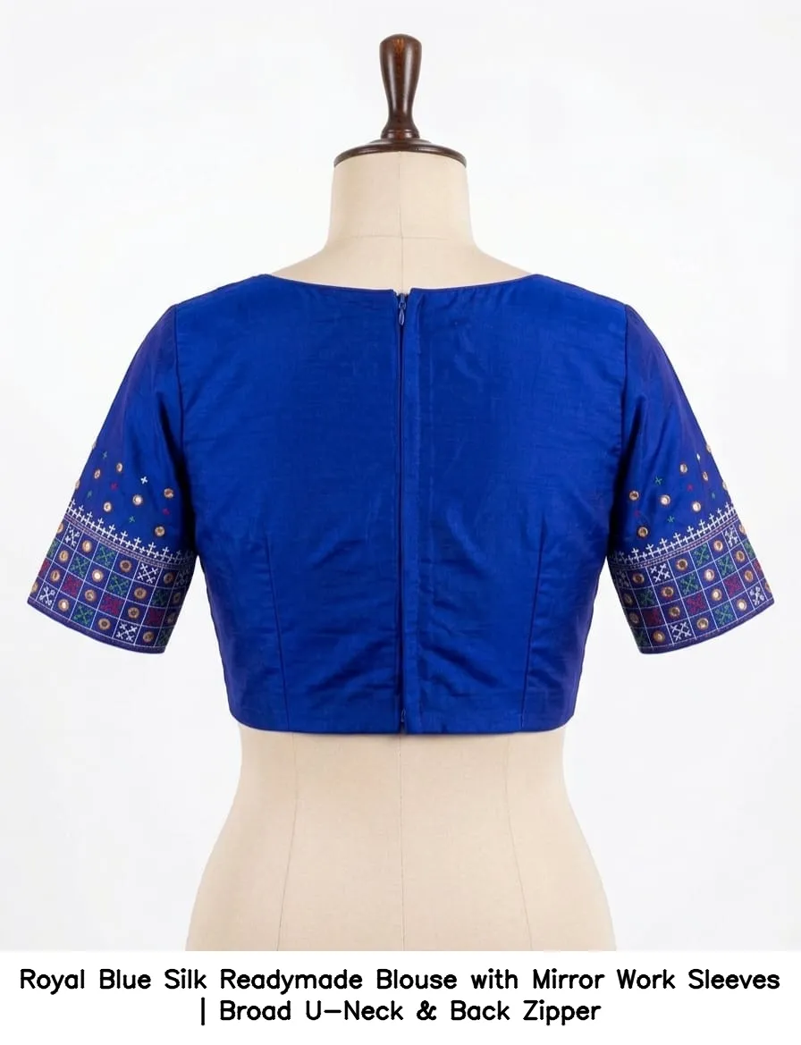 Royal Blue Silk Readymade Blouse with Mirror Work Sleeves | Broad U-Neck & Back Zipper 6