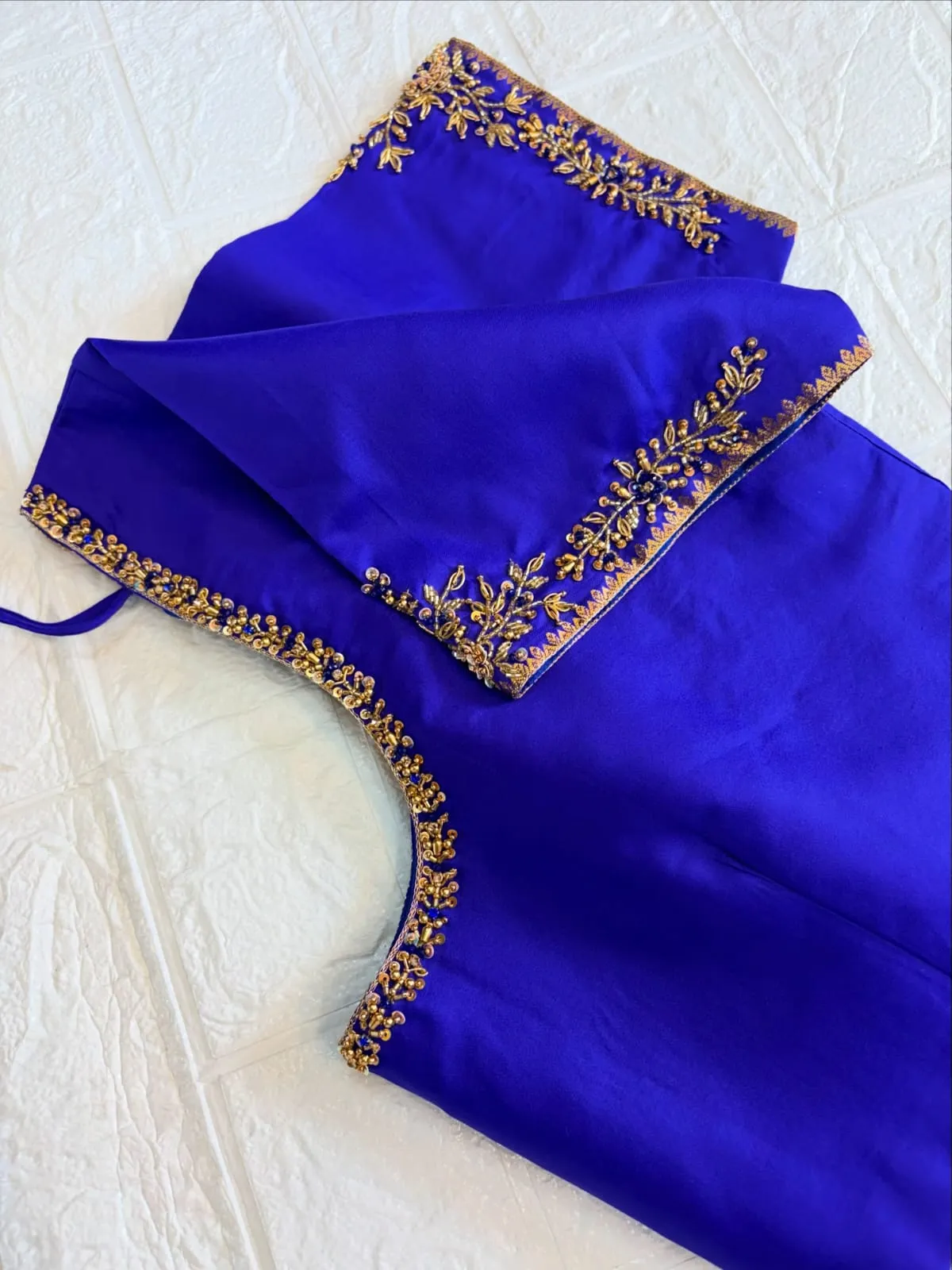 Royal Blue Silk Saree Blouse | Handcrafted Gold Zari Floral Vine & Blue Stone Aari Work Readymade Blouse