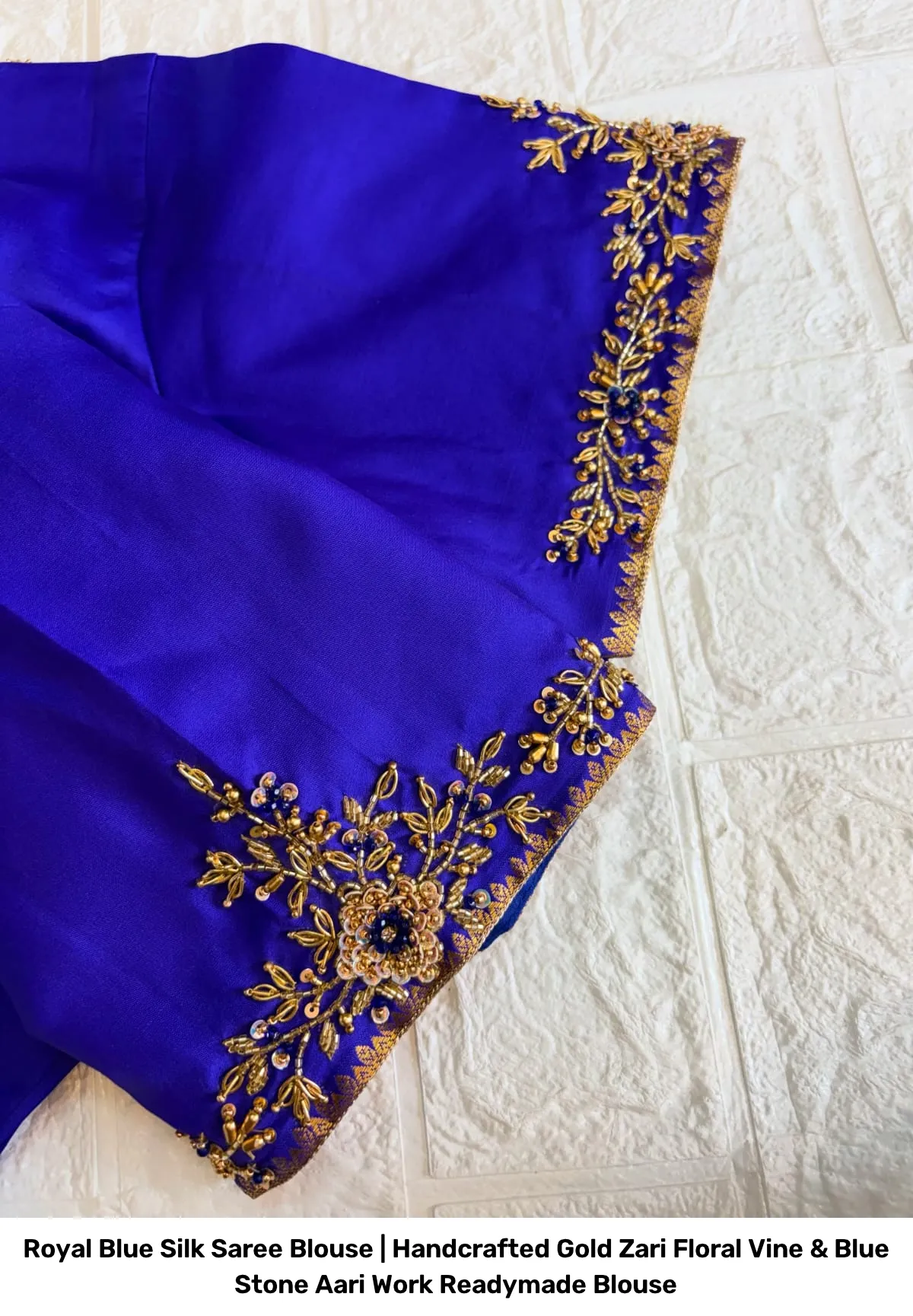 Royal Blue Silk Saree Blouse | Handcrafted Gold Zari Floral Vine & Blue Stone Aari Work Readymade Blouse 2