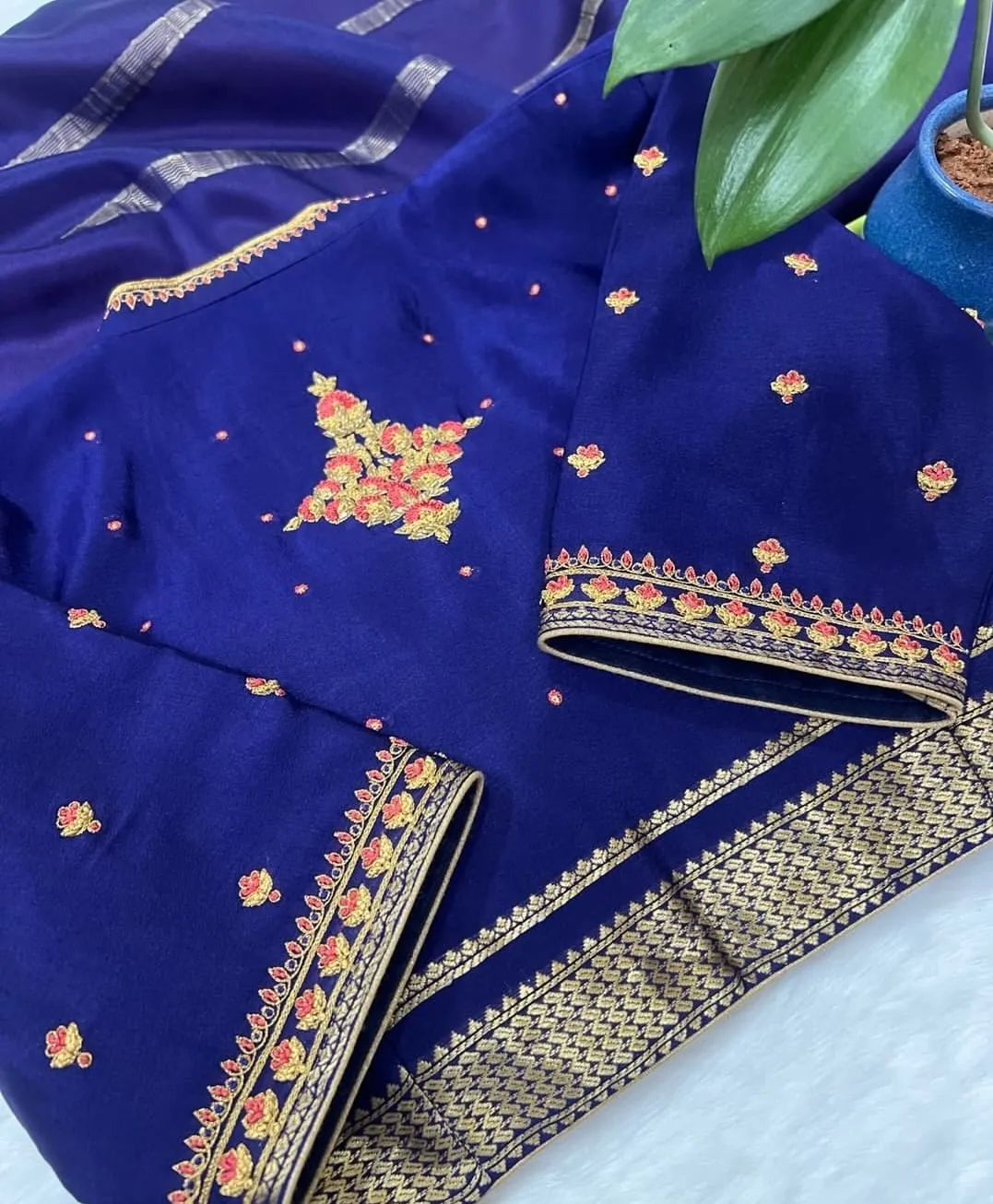 Royal Blue Silk Saree Blouse | Handcrafted Pink Floral Motif & Gold Zari Aari Work Blouse