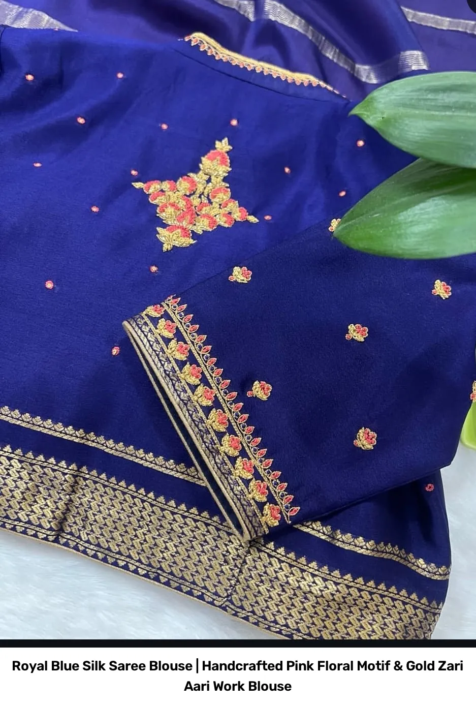 Royal Blue Silk Saree Blouse | Handcrafted Pink Floral Motif & Gold Zari Aari Work Blouse 2