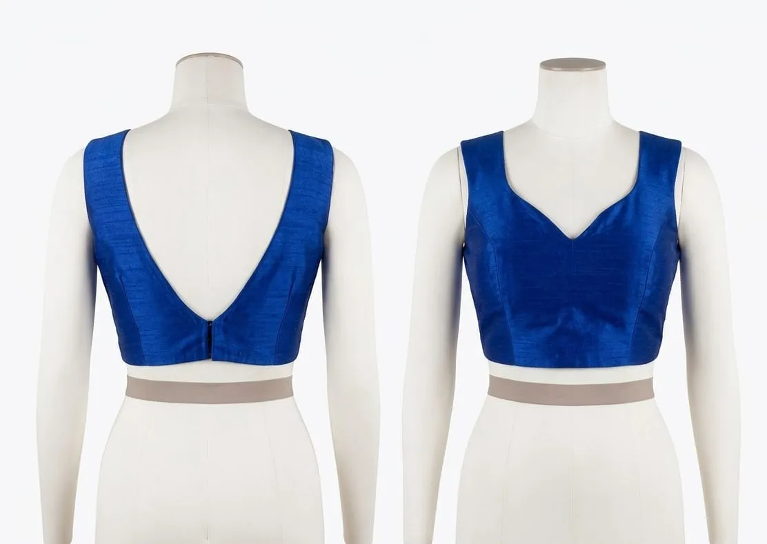 Royal Blue Silk Saree Blouse | Sweetheart Neck Deep V-Back Blouse | Designer Sleeveless Wide Strap Party Wear Blouse