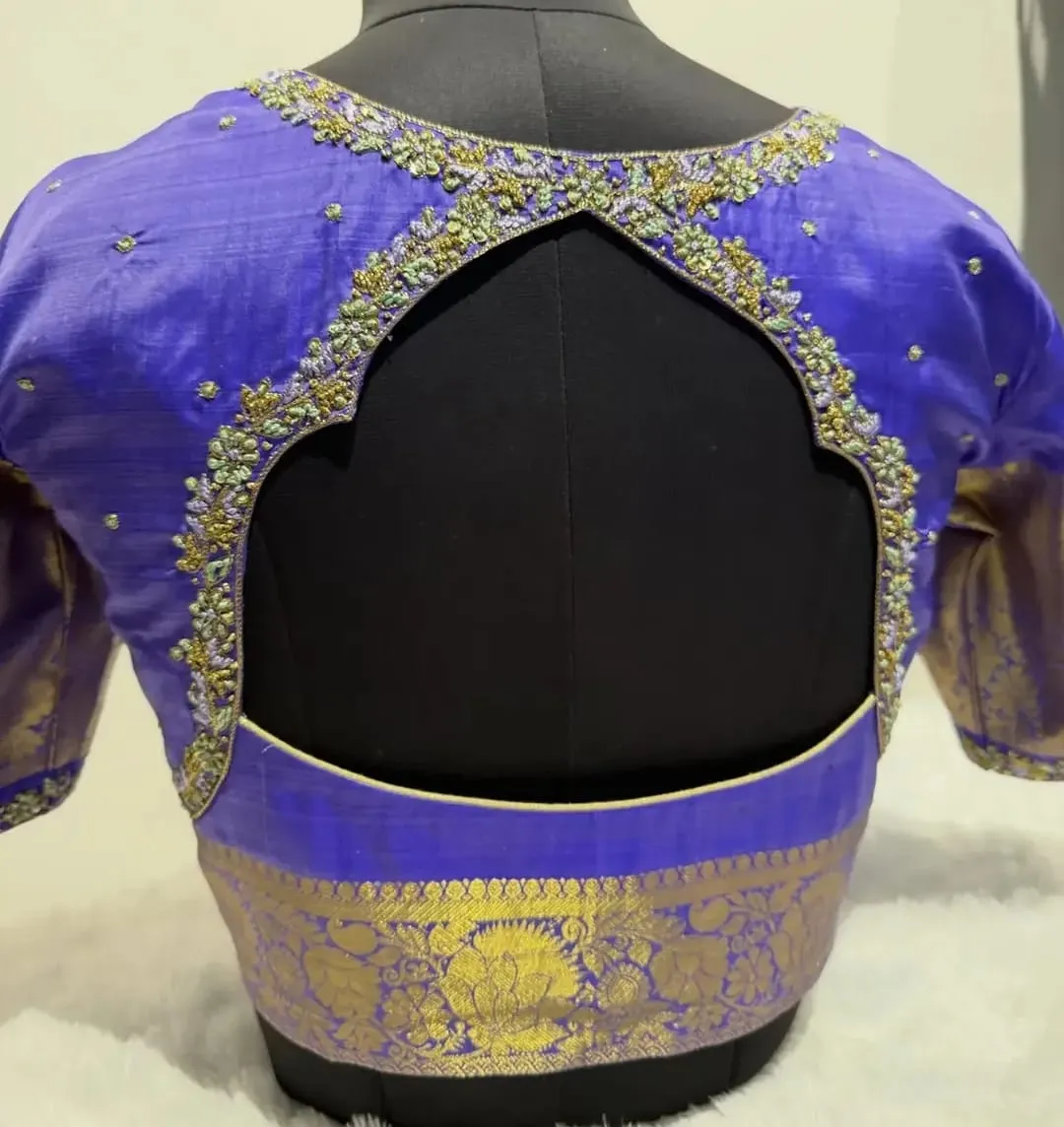 Royal Blue Silk Saree Blouse with Gold Lotus Zari Border & Maggam Embroidered Cutout Back 1