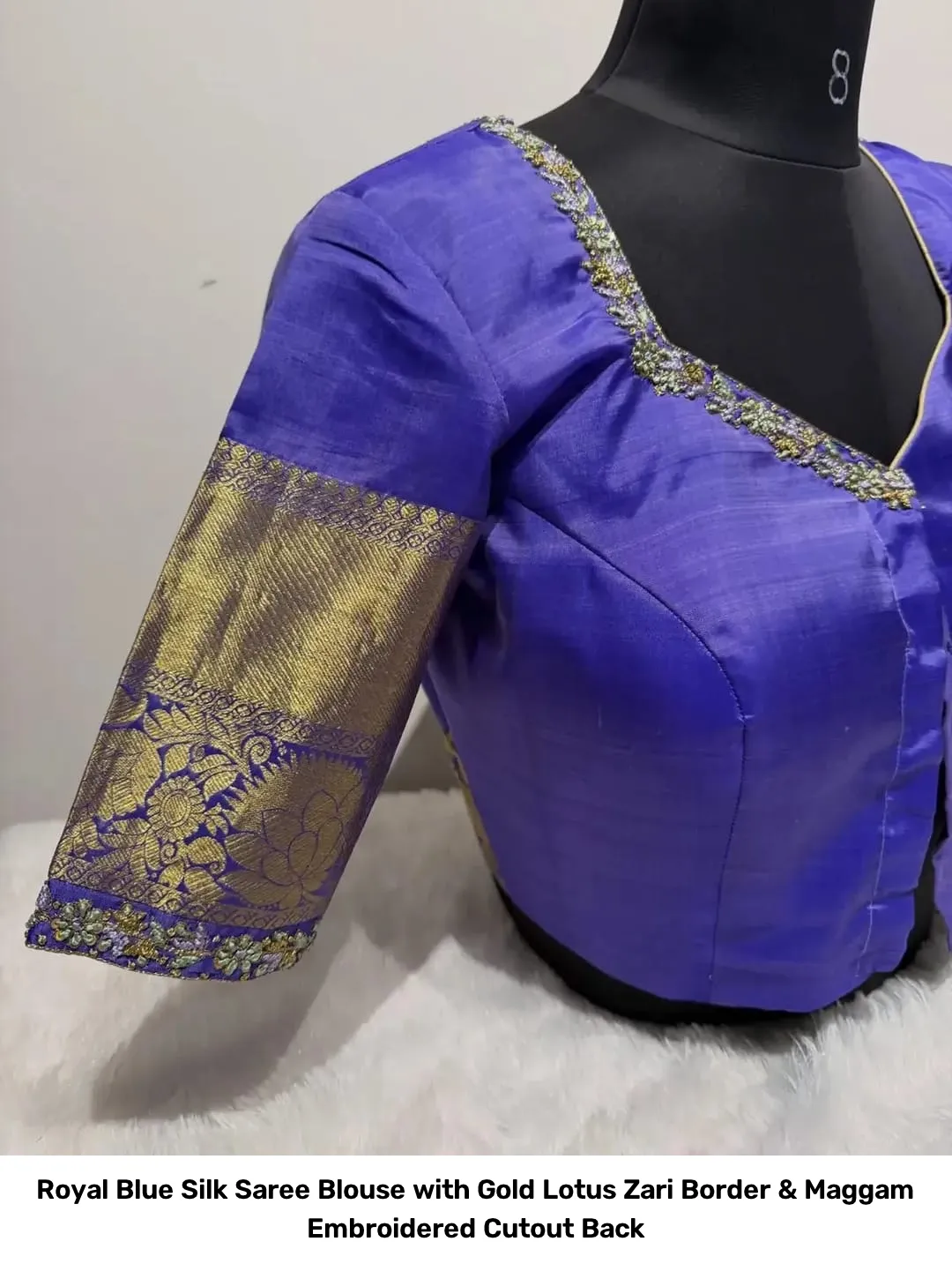 Royal Blue Silk Saree Blouse with Gold Lotus Zari Border & Maggam Embroidered Cutout Back 2