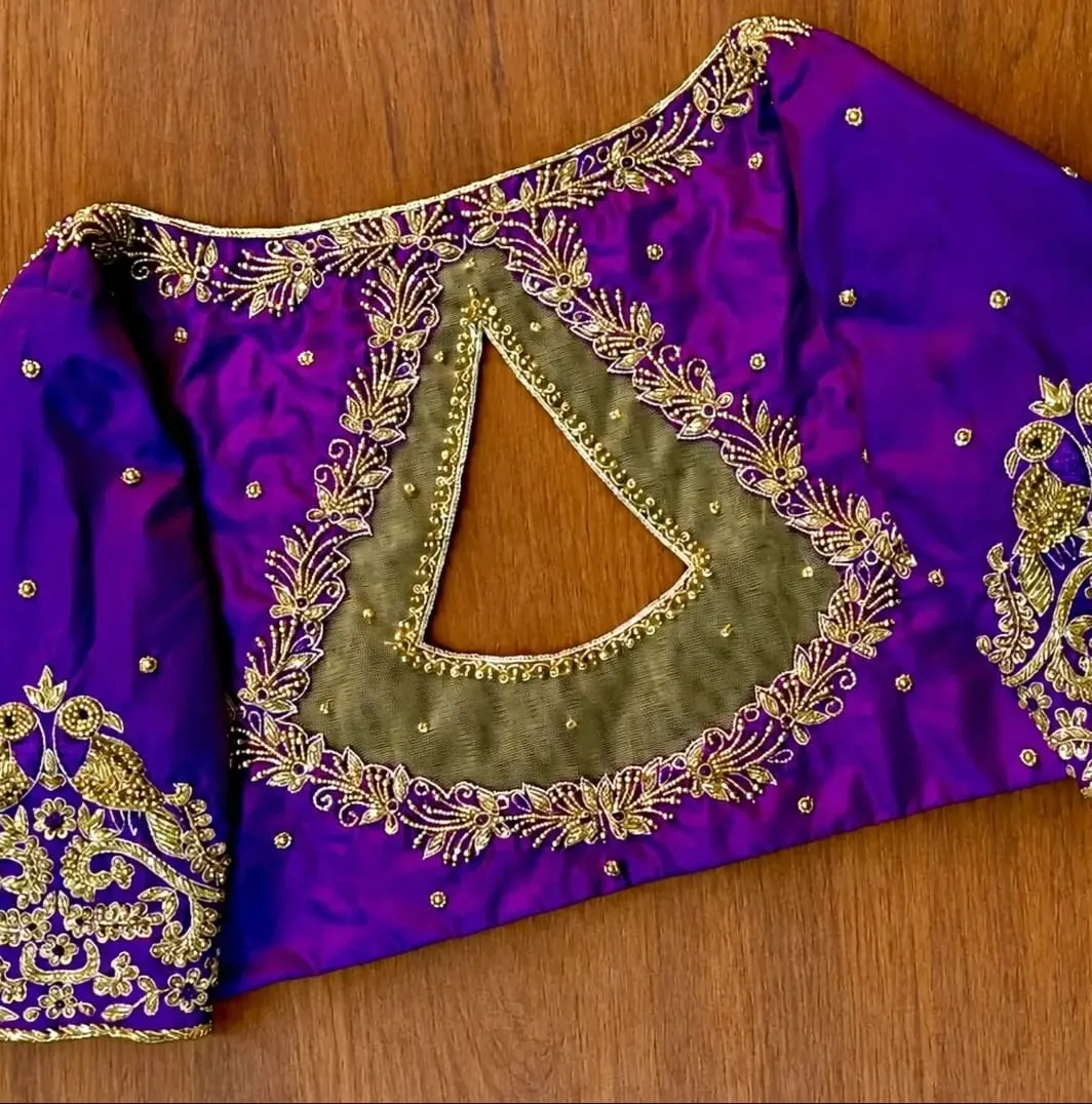 Royal Purple Aari Work Blouse with Patchwork Triangular Back & Bird Motif Sleeves | Designer Wedding Blouse