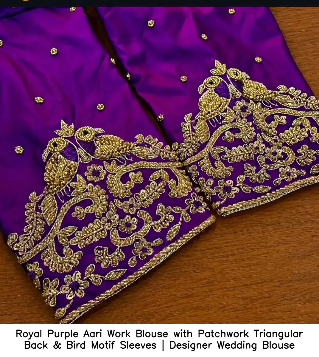 Royal Purple Aari Work Blouse with Patchwork Triangular Back & Bird Motif Sleeves | Designer Wedding Blouse 2