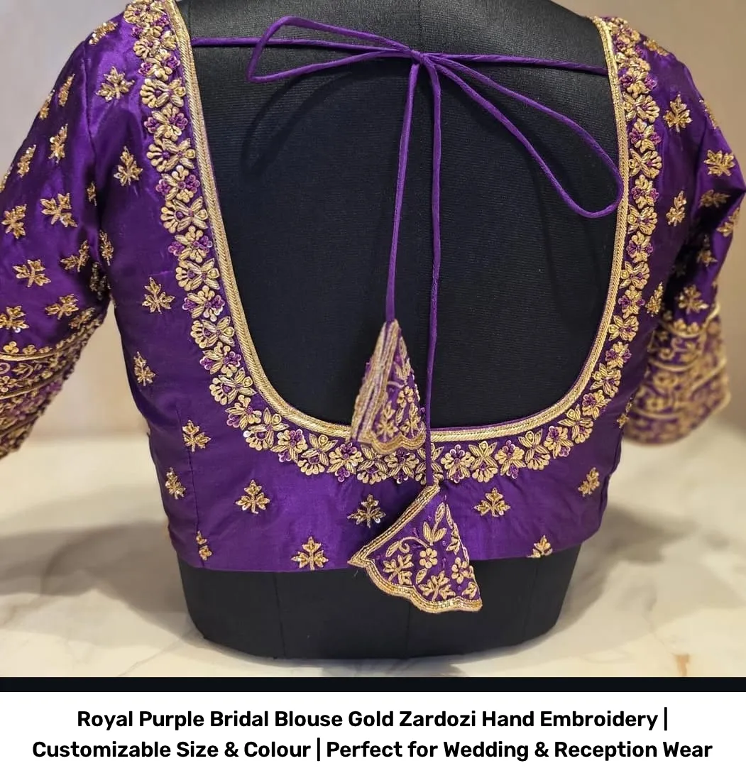 Royal Purple Bridal Blouse – Gold Zardozi Hand Embroidery | Customizable Size & Colour | Perfect for Wedding & Reception Wear 2