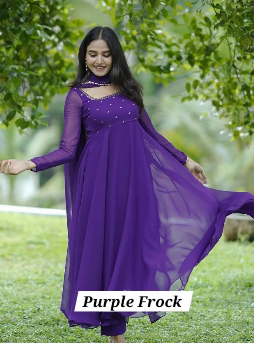 Royal Purple Georgette Anarkali Gown with Handwork Neckline & Dupatta – Festive Party Wear Long Frock