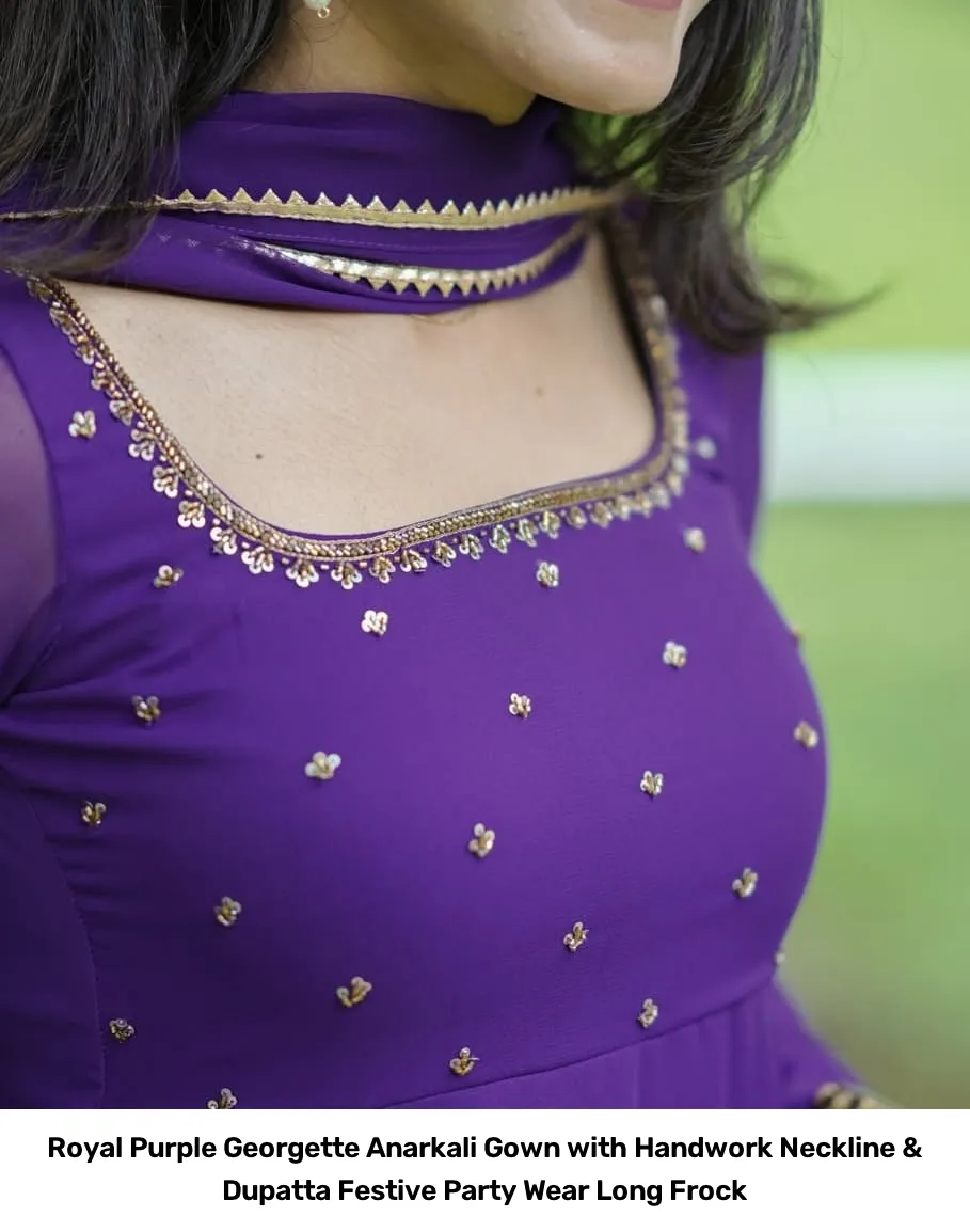 Royal Purple Georgette Anarkali Gown with Handwork Neckline & Dupatta – Festive Party Wear Long Frock 2