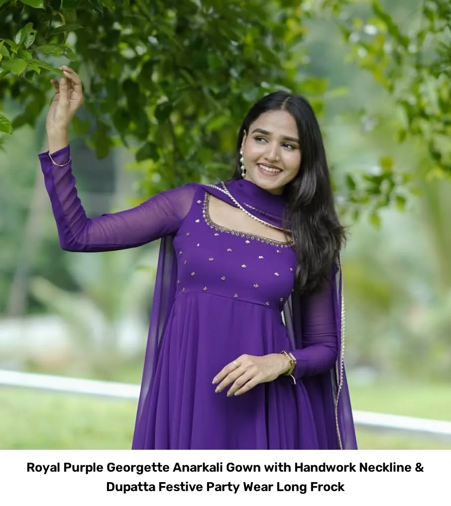 Royal Purple Georgette Anarkali Gown with Handwork Neckline & Dupatta – Festive Party Wear Long Frock 3