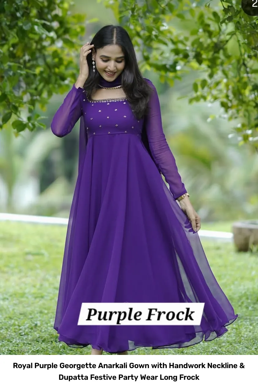 Royal Purple Georgette Anarkali Gown with Handwork Neckline & Dupatta – Festive Party Wear Long Frock 4