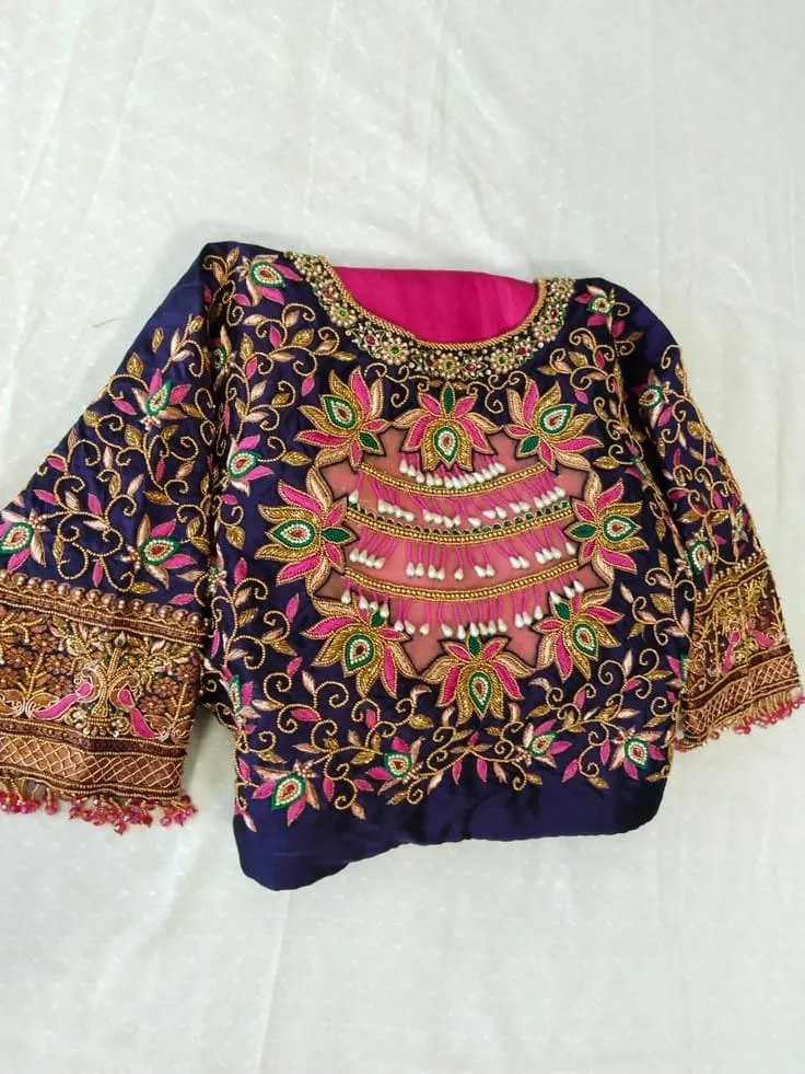 Royal Purple Heavy Bridal Aari Work Blouse with Lotus Back & Layered Pearl Hanging | Designer Saree Blouse 1