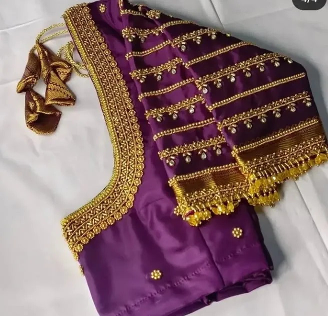 Royal Purple Maggam Work Bridal Blouse | Heavy Gold Beadwork & Jhumki Latkan Silk Saree Blouse with Striped Sleeve Handwork
