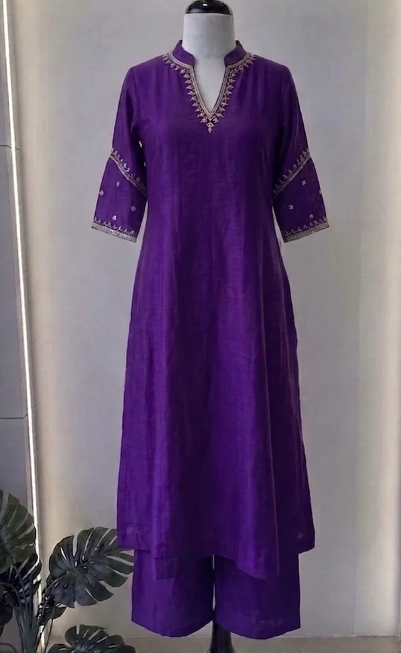 Royal Purple Raw Silk Kurta Set with Embroidered Mandarin V-Neck | Elegant Bell Sleeve Tunic with Matching Palazzo Pants