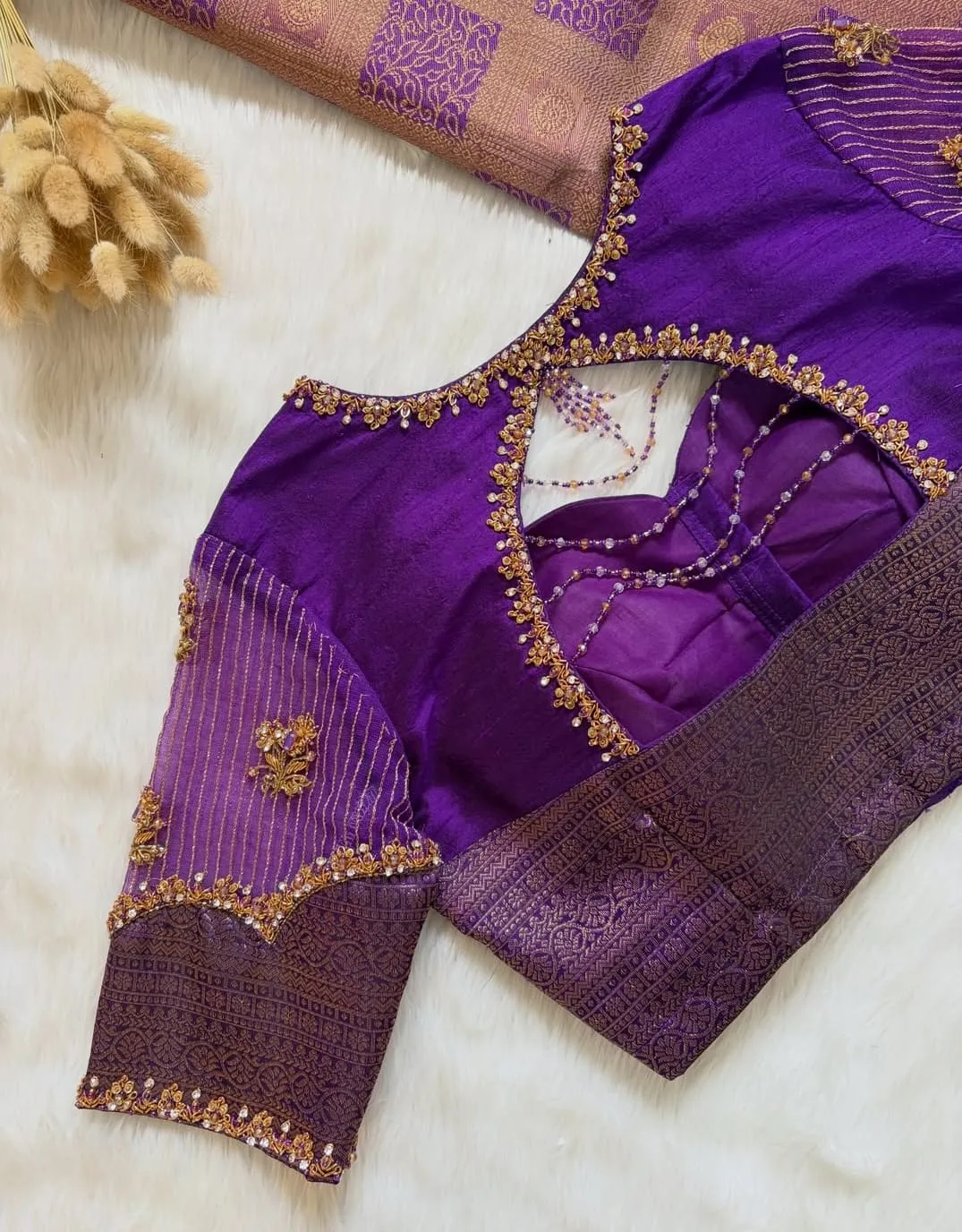 Royal Purple Raw Silk Maggam Work Blouse | Keyhole Cutout Neck Aari Embroidery Bridal Saree Blouse with Beaded Dori & Zari Sleeves
