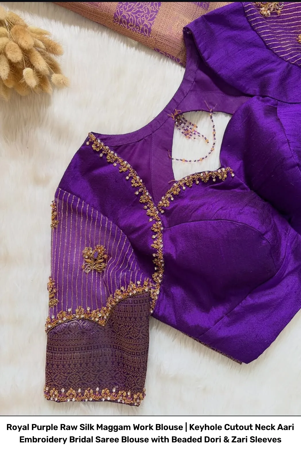 Royal Purple Raw Silk Maggam Work Blouse | Keyhole Cutout Neck Aari Embroidery Bridal Saree Blouse with Beaded Dori & Zari Sleeves 2