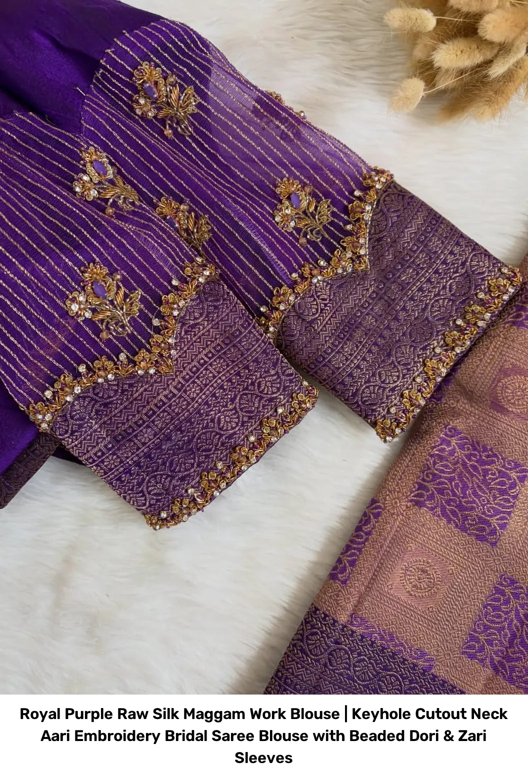 Royal Purple Raw Silk Maggam Work Blouse | Keyhole Cutout Neck Aari Embroidery Bridal Saree Blouse with Beaded Dori & Zari Sleeves 3