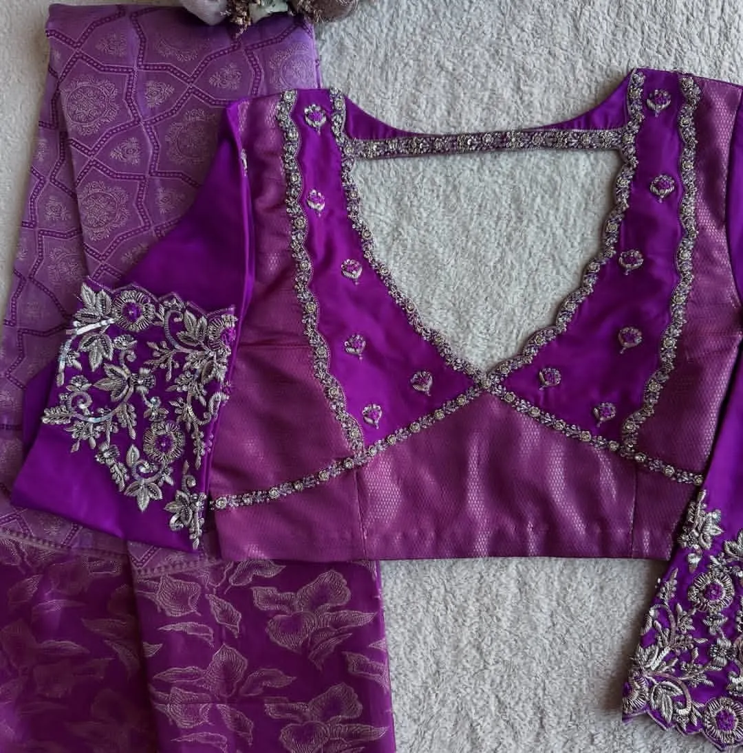 Royal Purple Silk Blouse with Heavy Silver Zardosi Sleeves | Designer Hand Embroidered Saree Blouse 1
