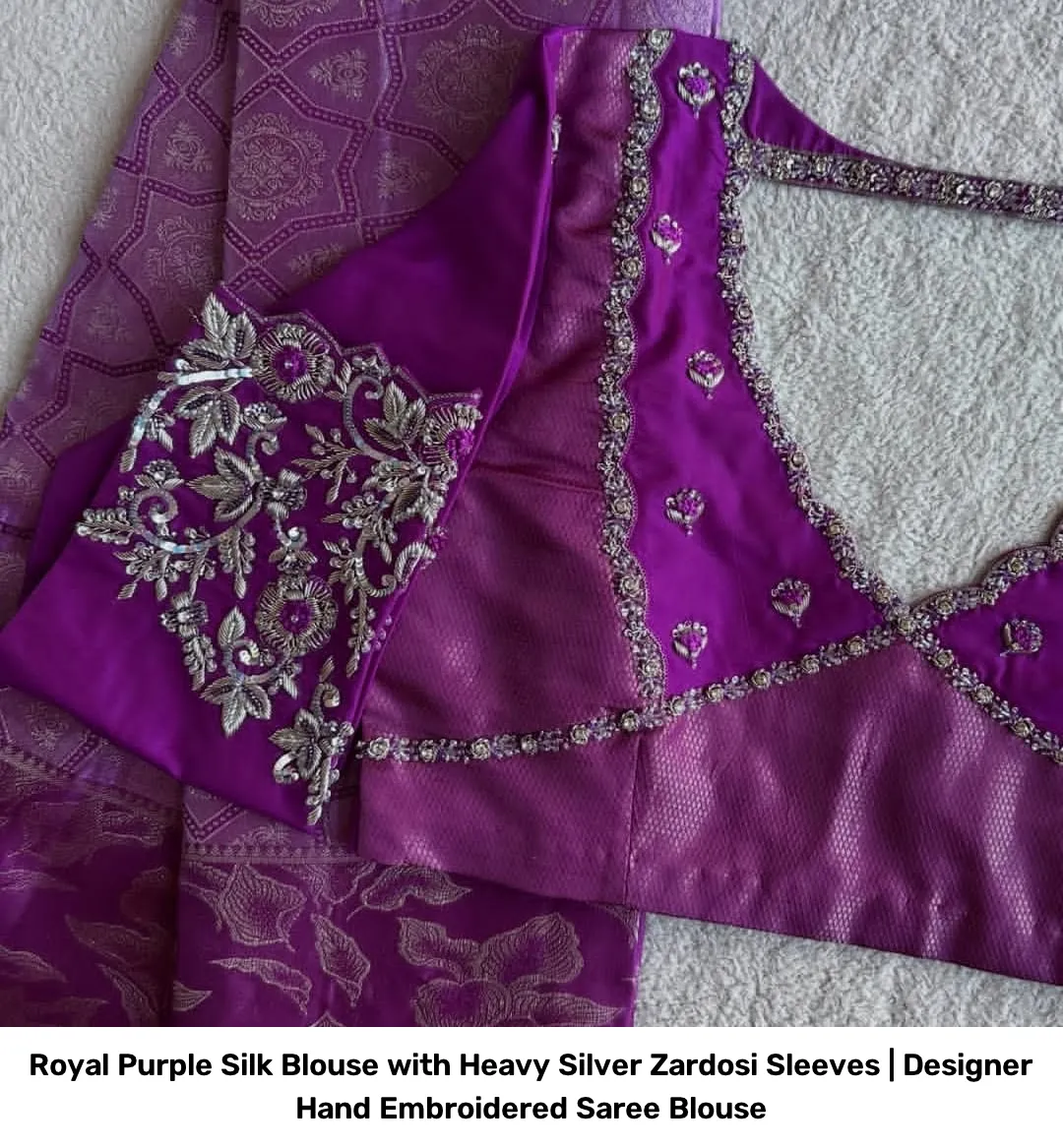 Royal Purple Silk Blouse with Heavy Silver Zardosi Sleeves | Designer Hand Embroidered Saree Blouse 2