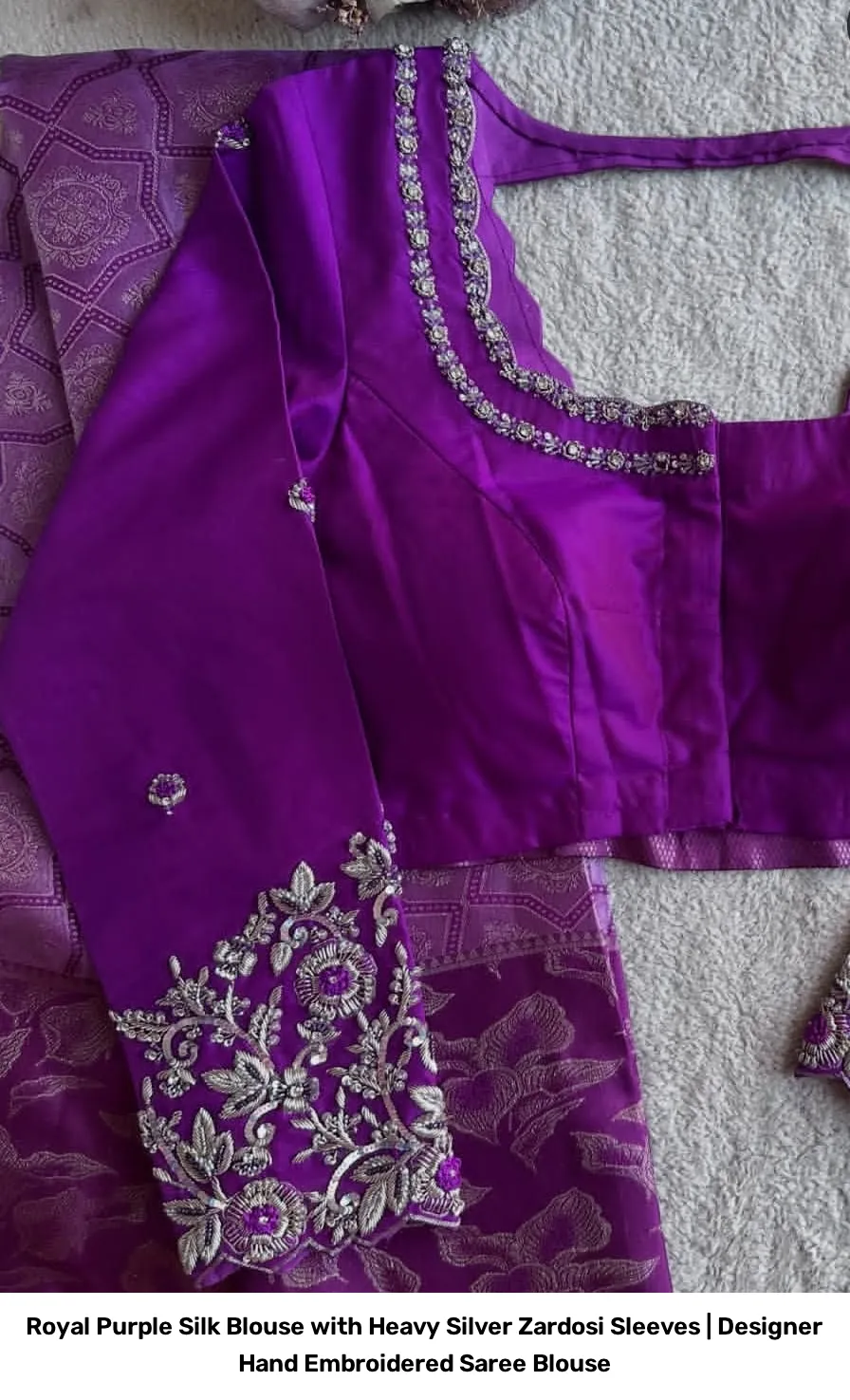 Royal Purple Silk Blouse with Heavy Silver Zardosi Sleeves | Designer Hand Embroidered Saree Blouse 3
