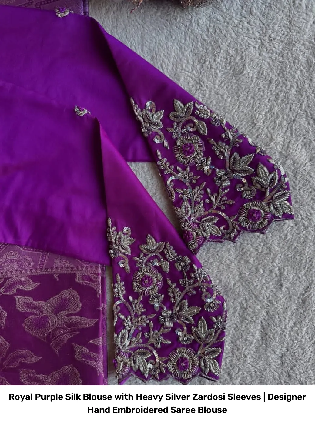 Royal Purple Silk Blouse with Heavy Silver Zardosi Sleeves | Designer Hand Embroidered Saree Blouse 4
