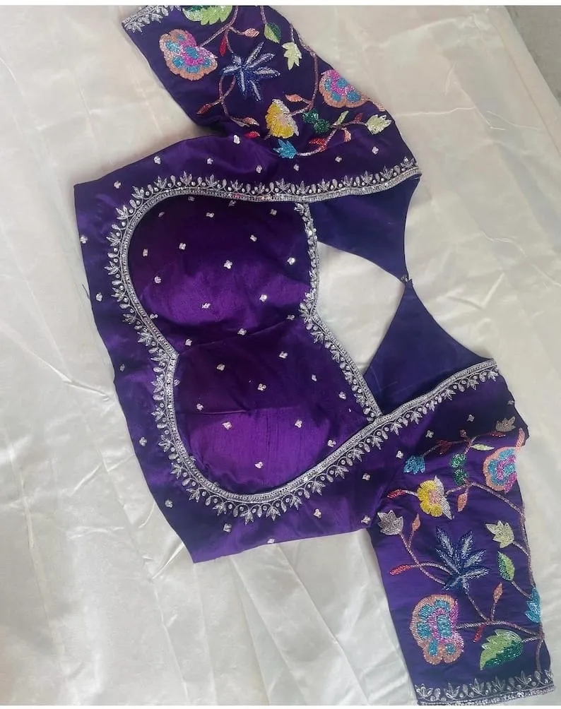 Royal Purple Silk Embroidered Blouse – Colorful Floral Beaded Cut-Out Sleeve Designer Saree Top