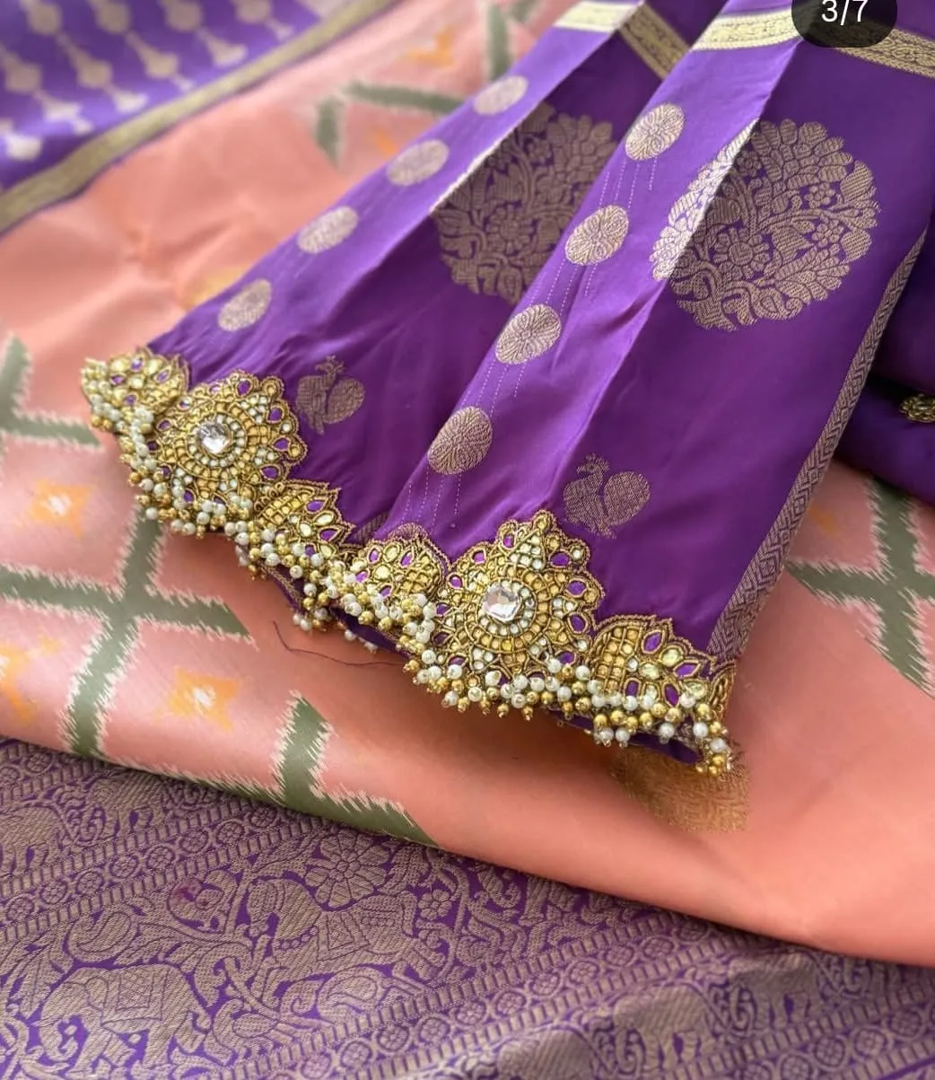 Royal Purple Silk Saree Blouse | Heavy Maggam Work with Kundan Medallion, Scallop Border & Pearl Hangings