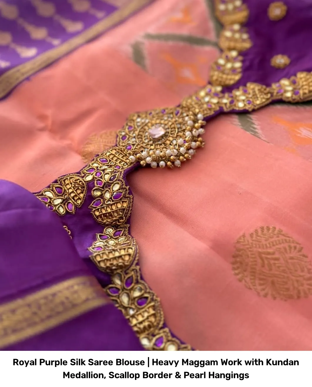 Royal Purple Silk Saree Blouse | Heavy Maggam Work with Kundan Medallion, Scallop Border & Pearl Hangings 2