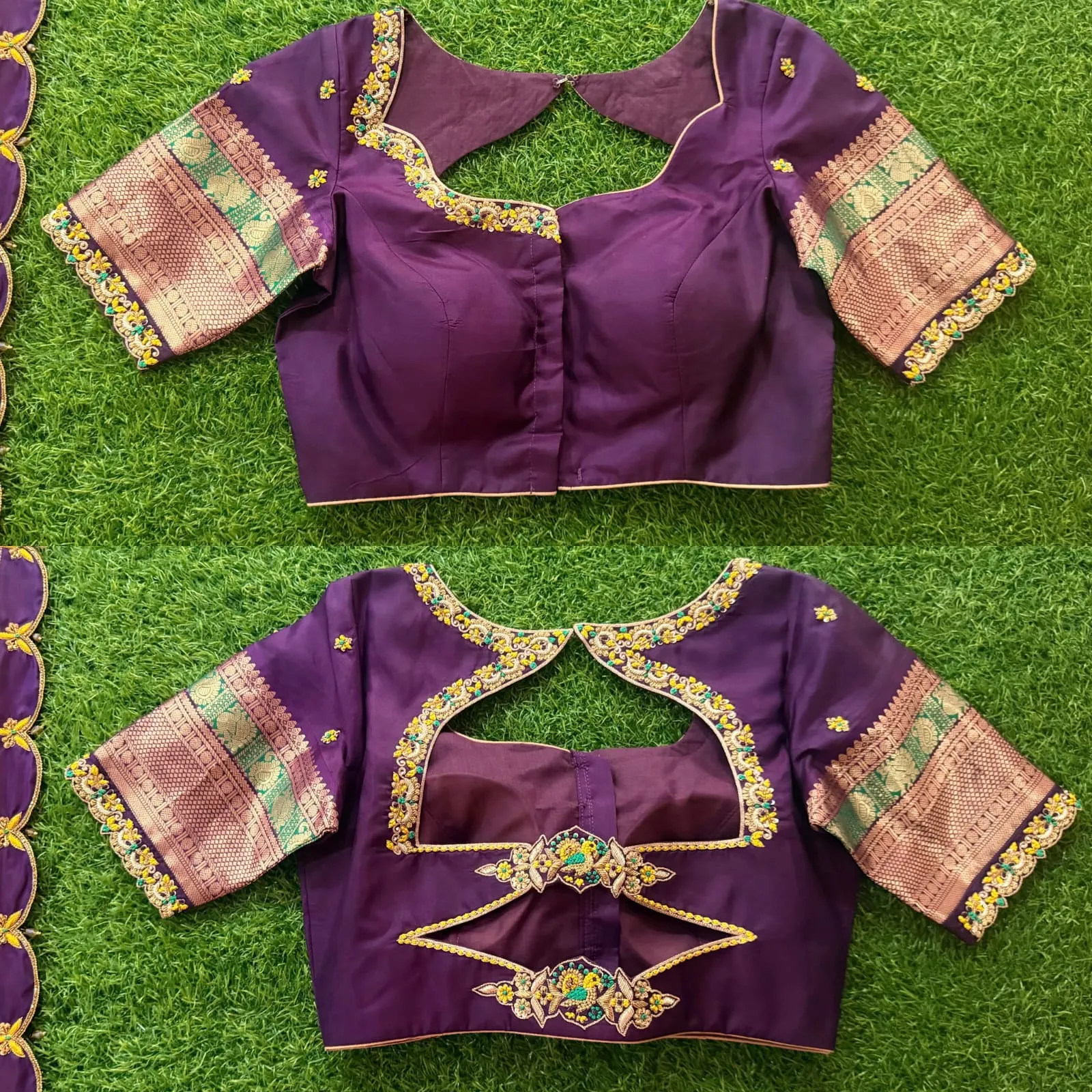 Royal Purple Silk Saree Blouse | Peacock Maggam Work Double Cutout Back & Kanchi Border Sleeves