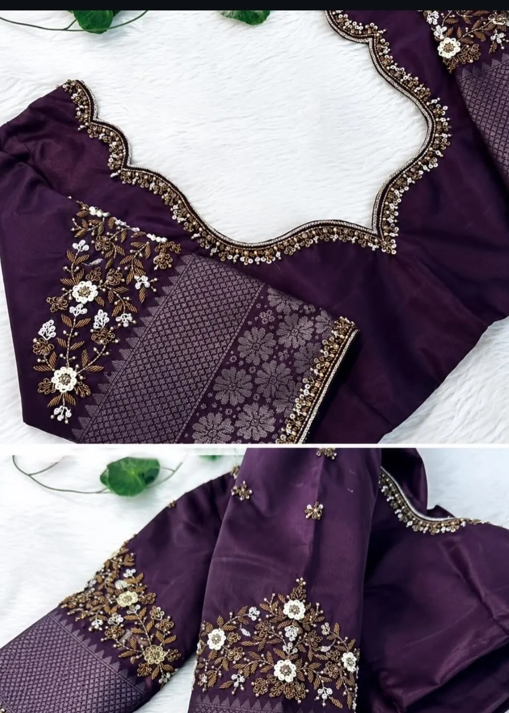 Royal Purple Silk Saree Blouse with Scallop Neck | Hand Embroidered Floral Maggam Work Blouse