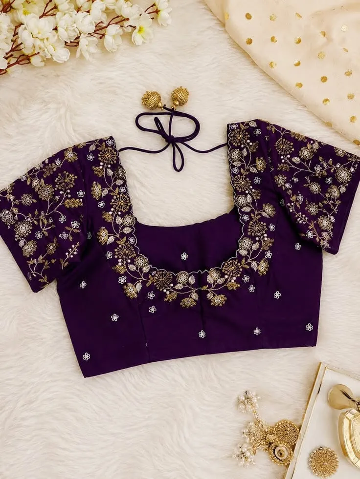Royal Purple Silk Saree Blouse with Scalloped Neck | Gold & Pearl Floral Aari Hand Embroidered Bridal Blouse