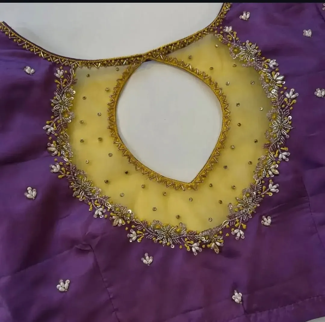 Royal Purple Silk Saree Blouse | Yellow Net Sheer Patch Aari & Pearl Work Designer Blouse 1