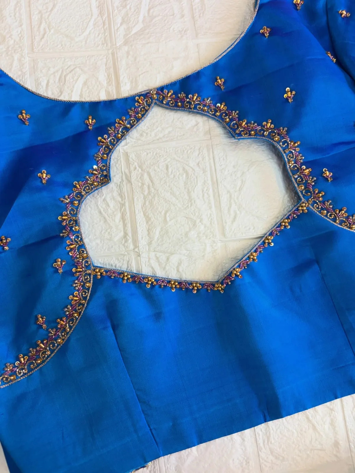 Royal Sky Blue Raw Silk Saree Blouse | Subtle Aari Beadwork Border & Scallop Cutout Back Designer Choli
