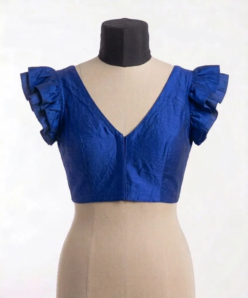Ruffled Cap Sleeve Raw Silk Readymade Blouse | Deep V-Neck Saree Crop Top