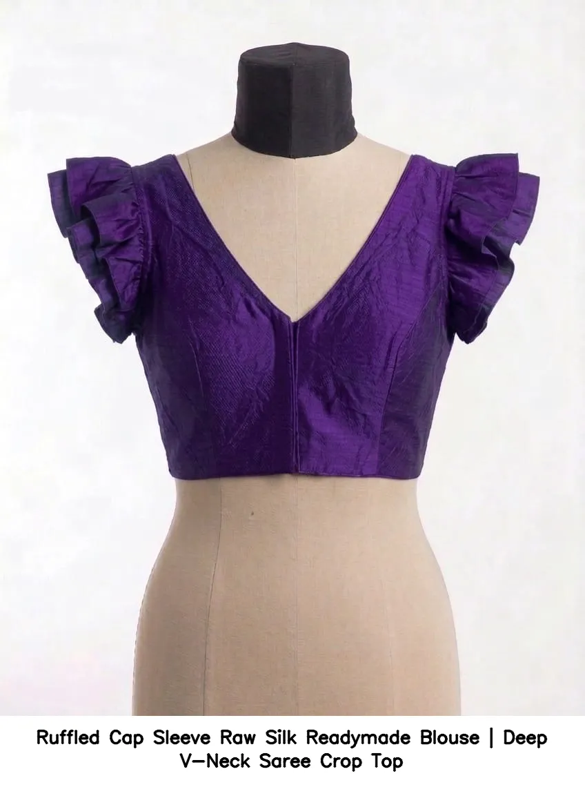 Ruffled Cap Sleeve Raw Silk Readymade Blouse | Deep V-Neck Saree Crop Top 2