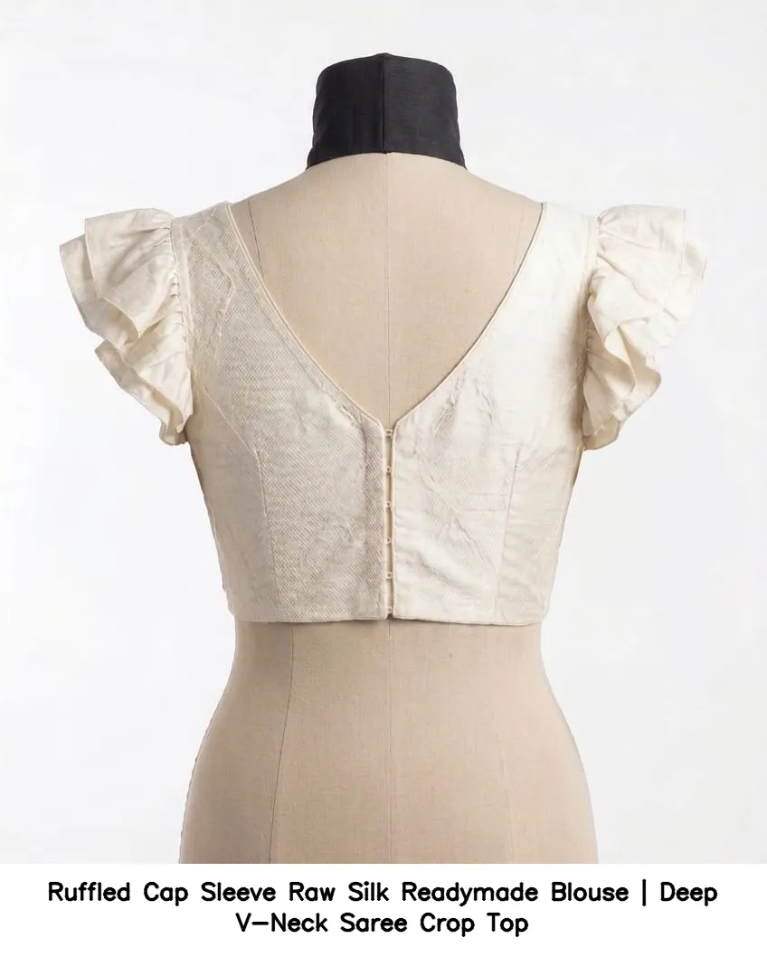Ruffled Cap Sleeve Raw Silk Readymade Blouse | Deep V-Neck Saree Crop Top 4