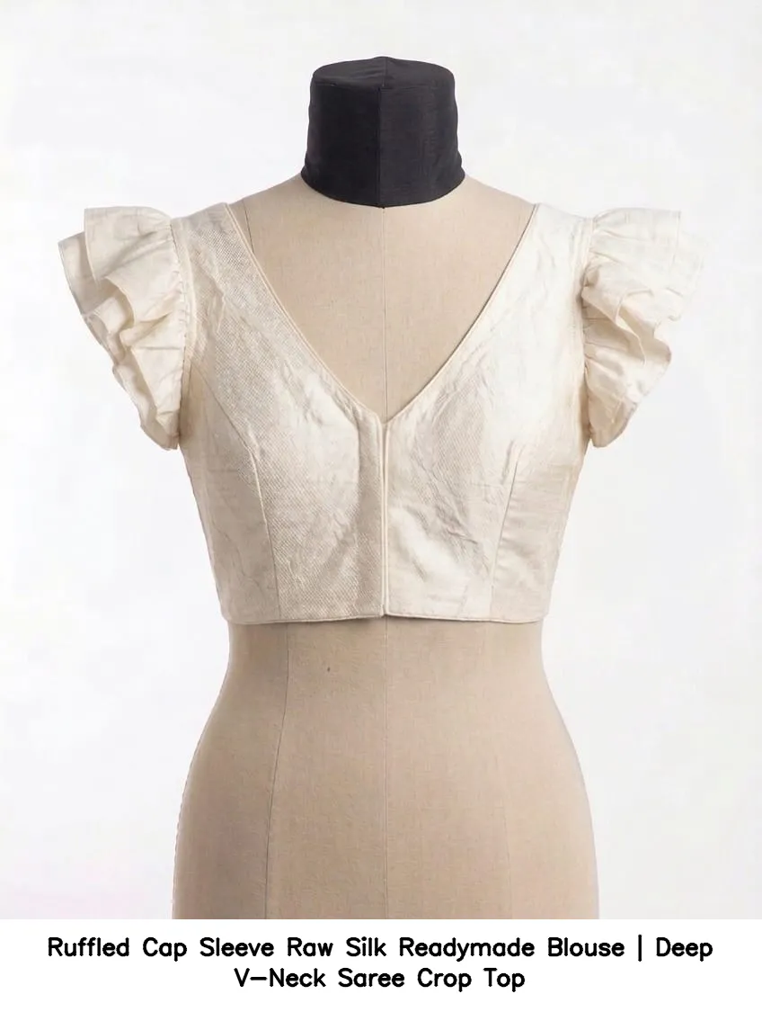 Ruffled Cap Sleeve Raw Silk Readymade Blouse | Deep V-Neck Saree Crop Top 5