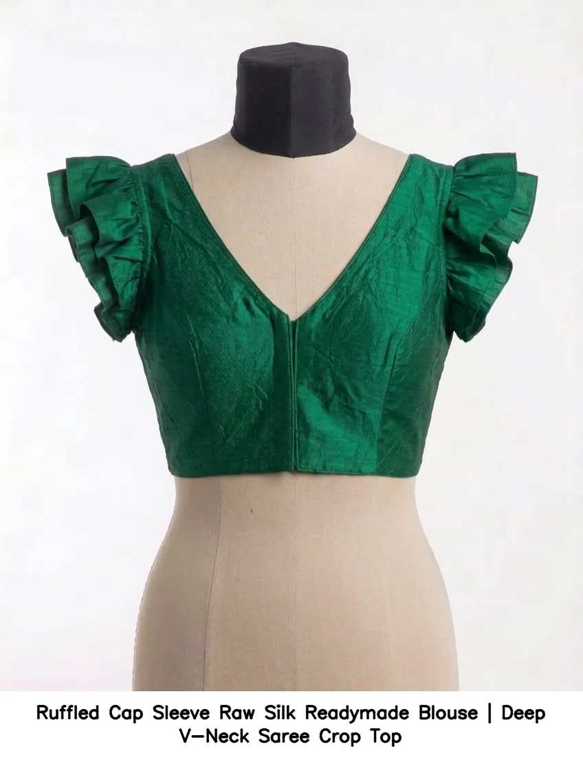 Ruffled Cap Sleeve Raw Silk Readymade Blouse | Deep V-Neck Saree Crop Top 6