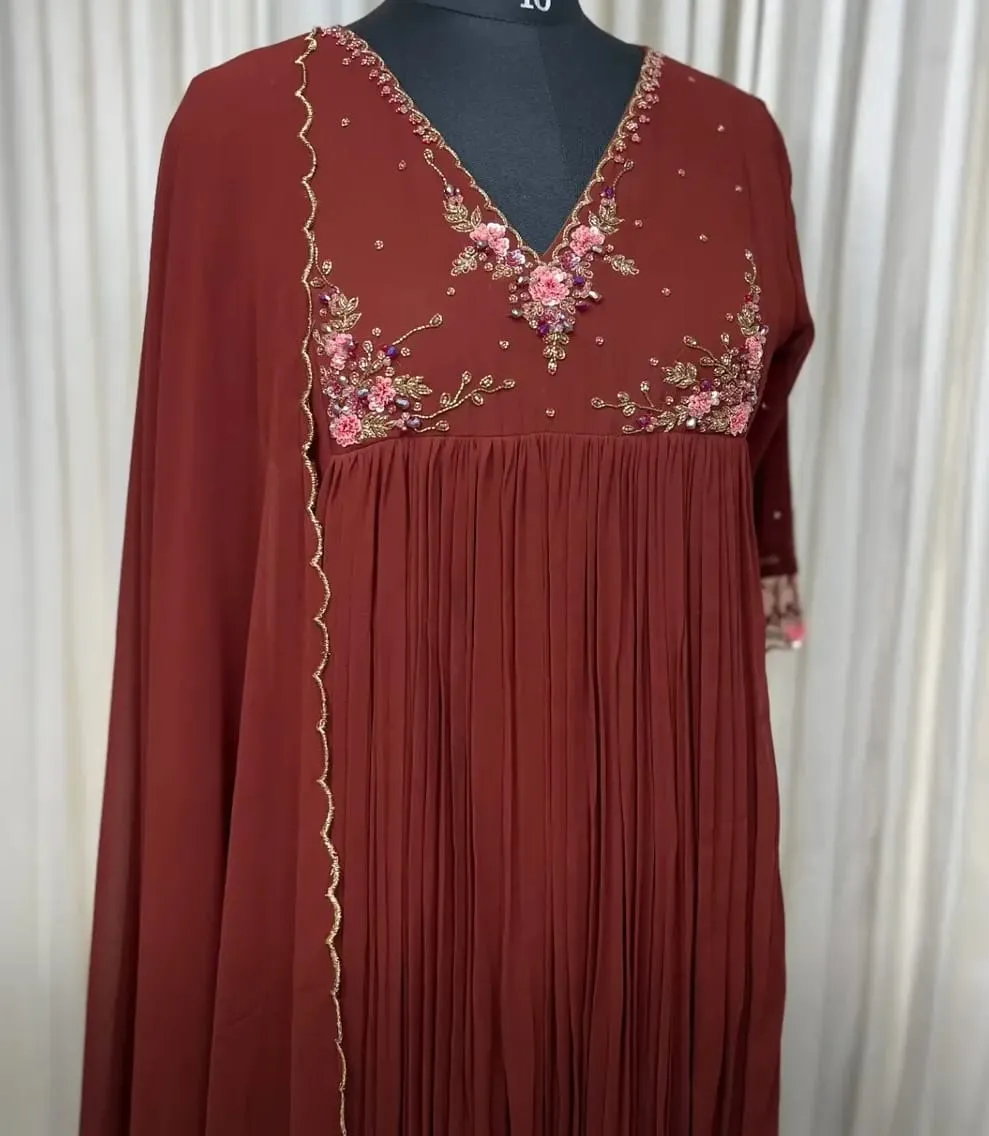 Rust Brown Pleated Anarkali Dress with Dupatta | Floral Embroidered Gown