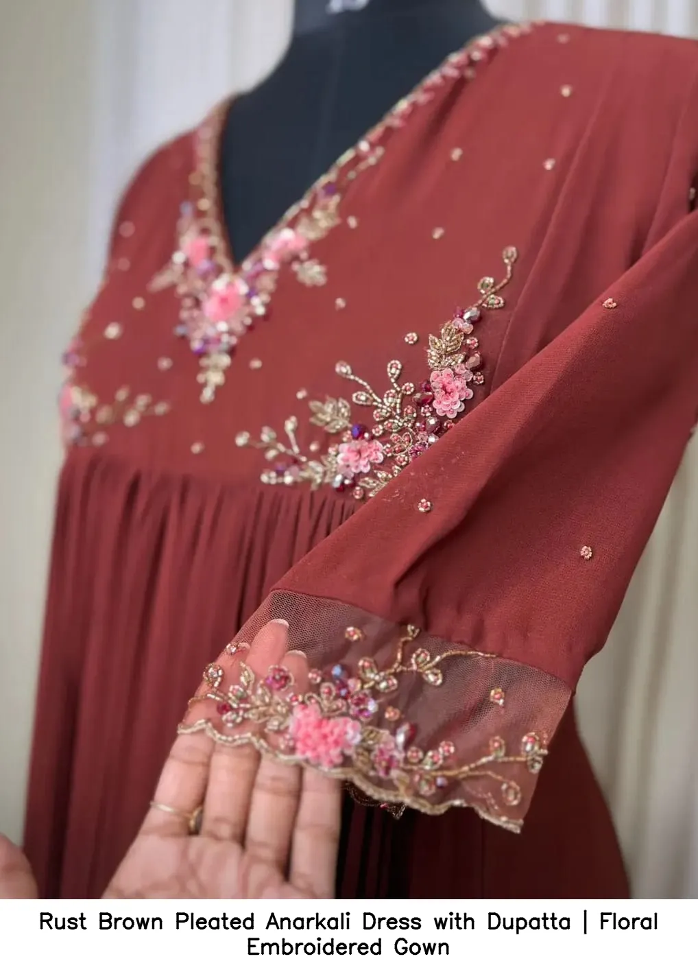 Rust Brown Pleated Anarkali Dress with Dupatta | Floral Embroidered Gown 2