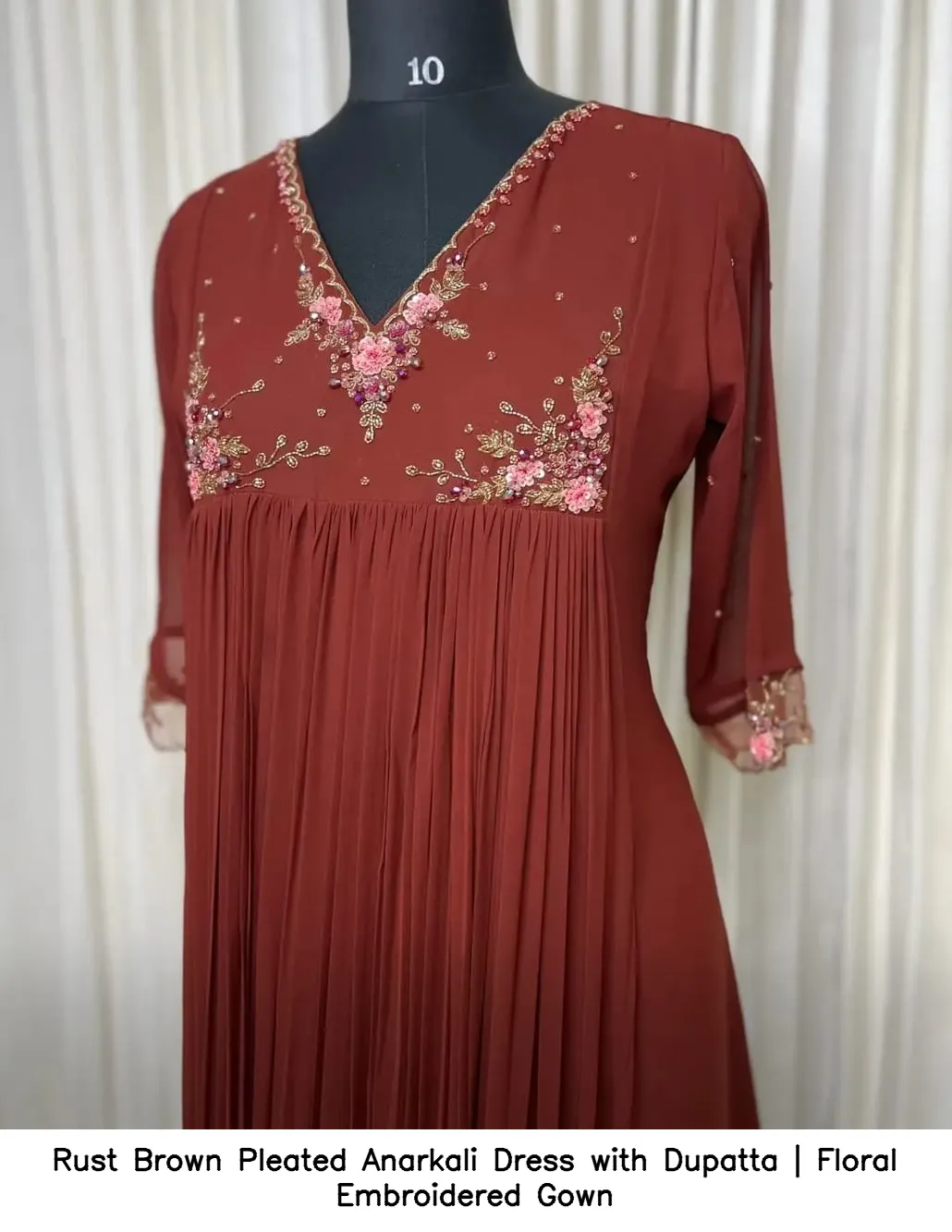 Rust Brown Pleated Anarkali Dress with Dupatta | Floral Embroidered Gown 3