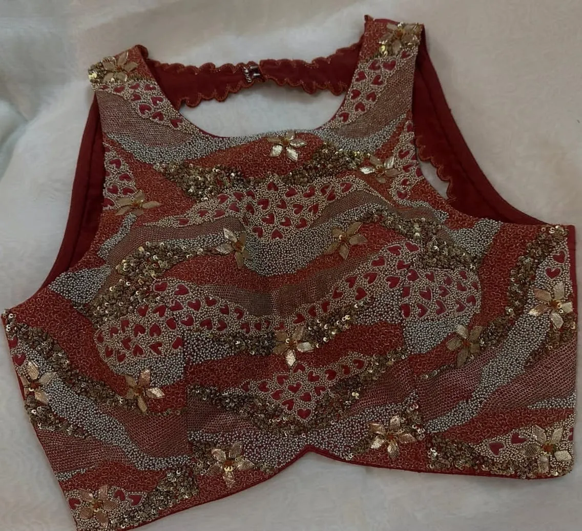 Rust Maroon Heavy Embroidered Sleeveless Saree Blouse | Padded Bridal Blouse with Zardozi Sequin Work