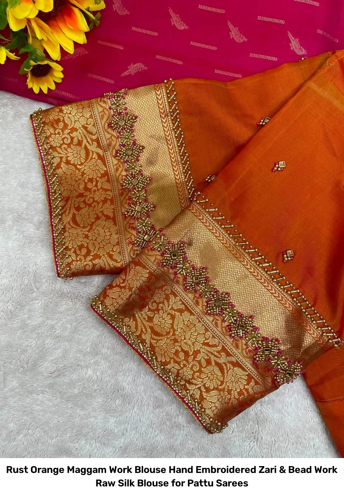 Rust Orange Maggam Work Blouse – Hand Embroidered Zari & Bead Work Raw Silk Blouse for Pattu Sarees 2
