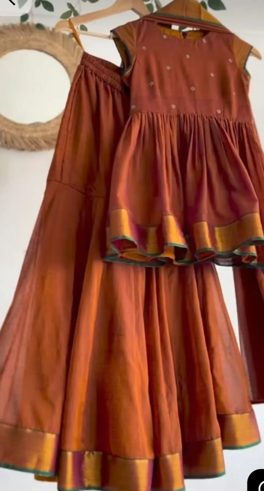 Rust Orange Narayanpet Handloom Skirt & Top Set for Women 1